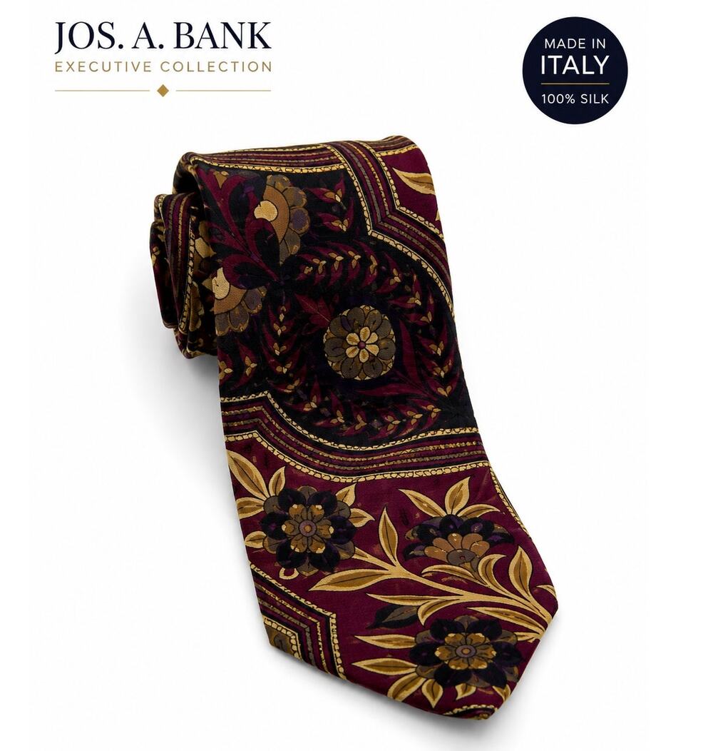 Jos A Bank Executive Collection Silk Tie Burgundy Floral Medallion Made Italy